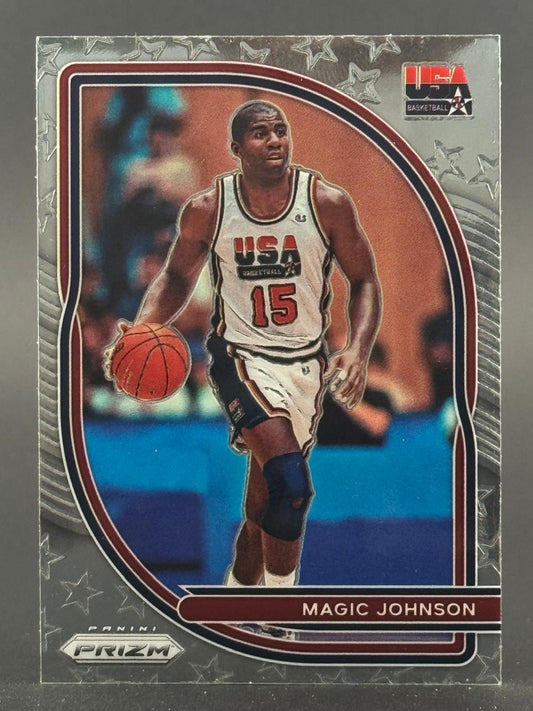 Magic Johnson USA Basketball card, Panini Prizm, featuring him dribbling in a USA uniform.