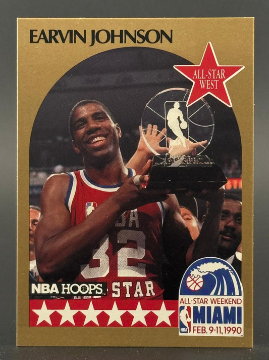1990 NBA Hoops Earvin Johnson Star trading card, holding All-Star MVP trophy.