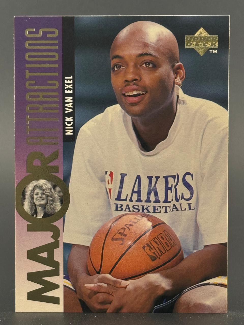 1993 Upper Deck Major Attractions Nick Van Exel trading card holding a basketball.