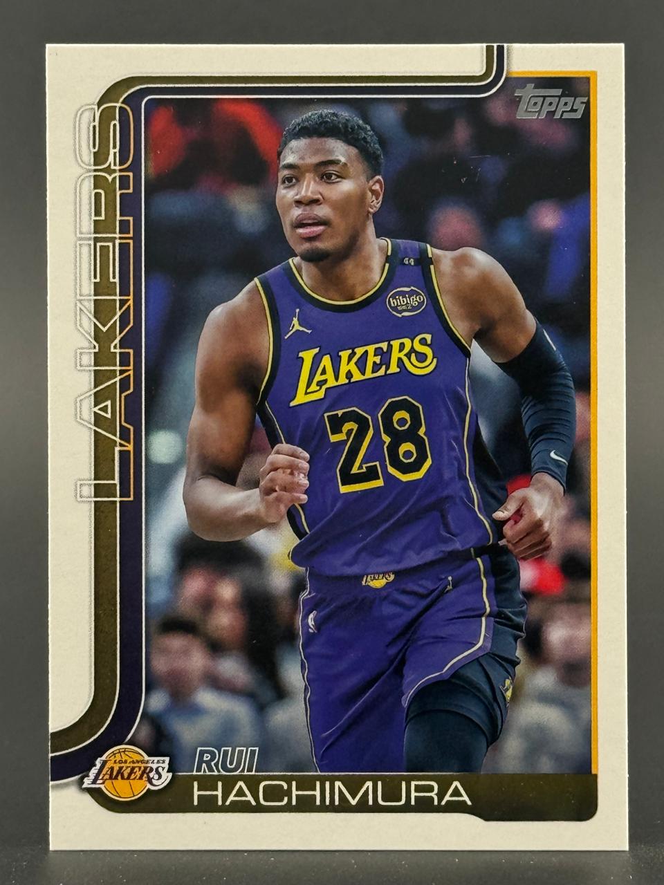 Trading card of Rui Hachimura in Lakers uniform, Topps brand.