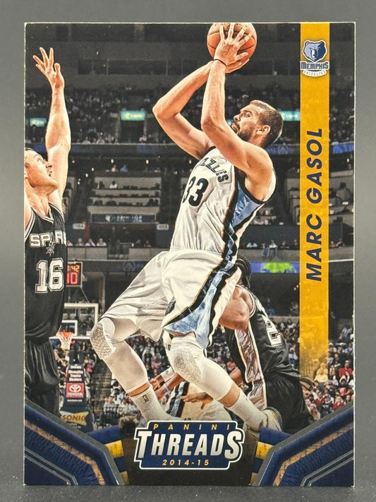 2014-15 Panini Threads Marc Gasol basketball card showing him shooting over defenders.
