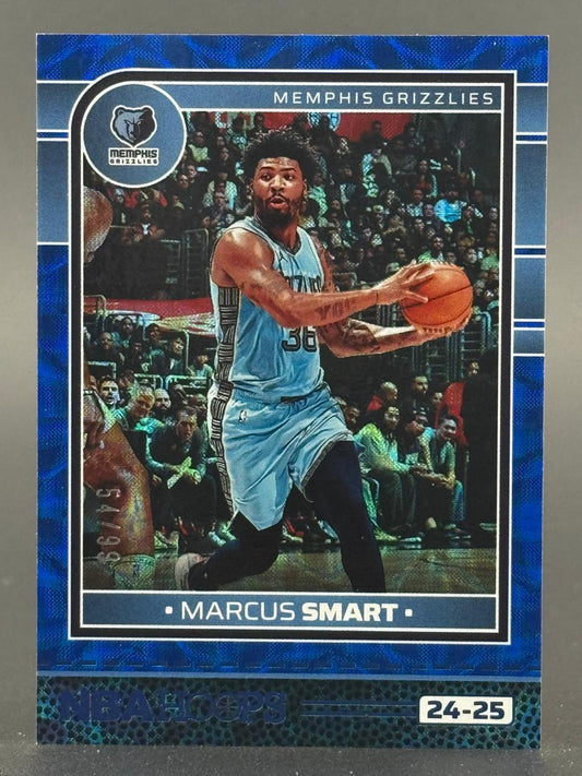 24-25 NBA Hoops Marcus Smart trading card featuring him in a blue Grizzlies jersey holding a basketball.