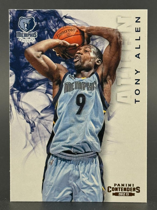 2012-13 Panini Contenders Tony Allen trading card featuring him shooting a basketball in a Grizzlies uniform.