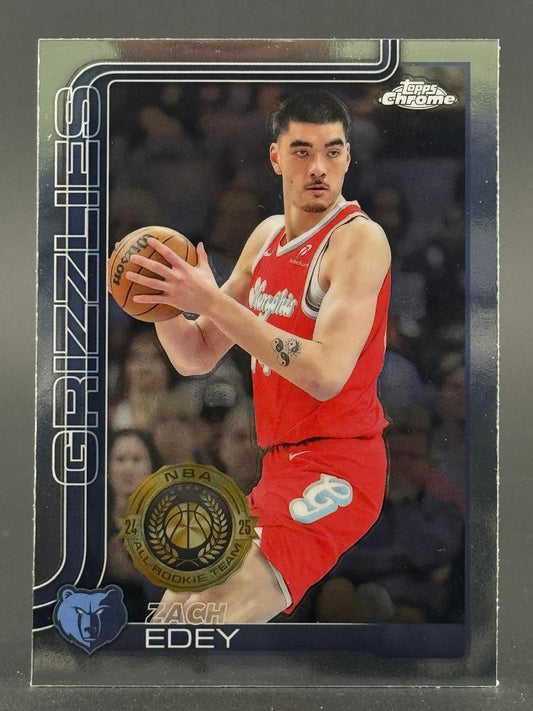 2024-25 Topps Chrome Zach Edey basketball card featuring him in a red Grizzlies uniform holding a basketball.