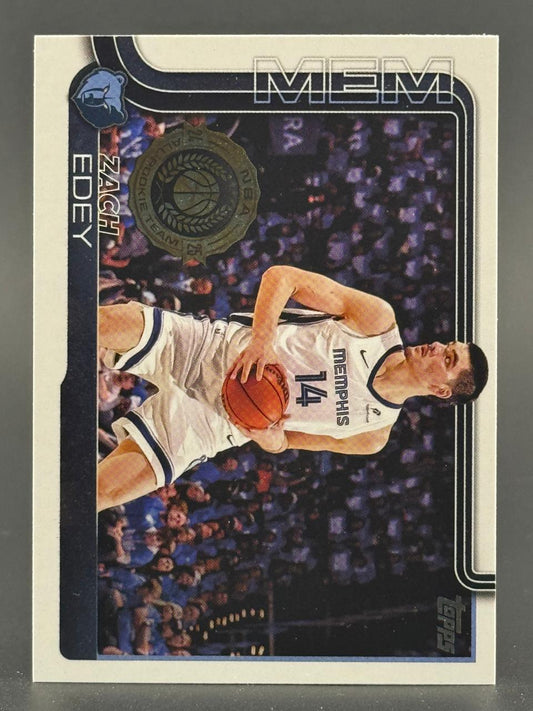 Zach Edey trading card, wearing a white Memphis 14 jersey holding a basketball.