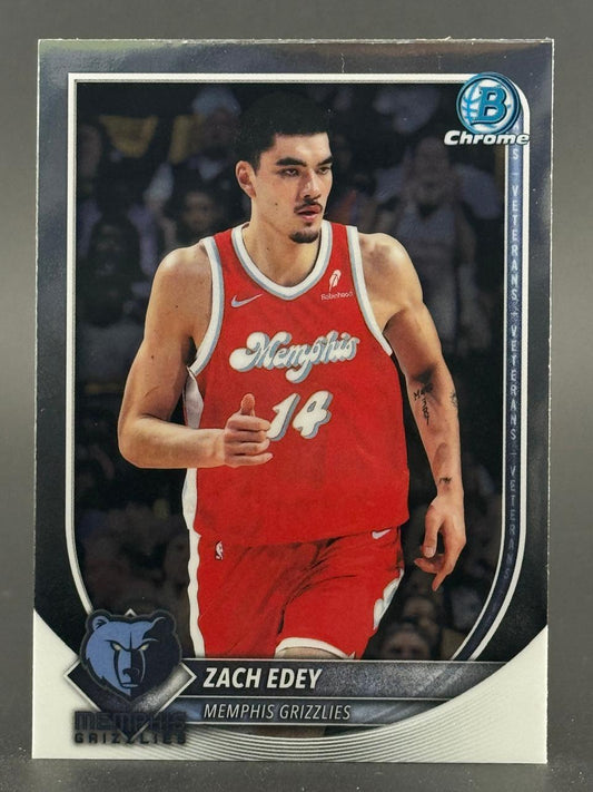 Zach Edey 2024 Bowman Chrome basketball card in Memphis Grizzlies uniform, number 14.
