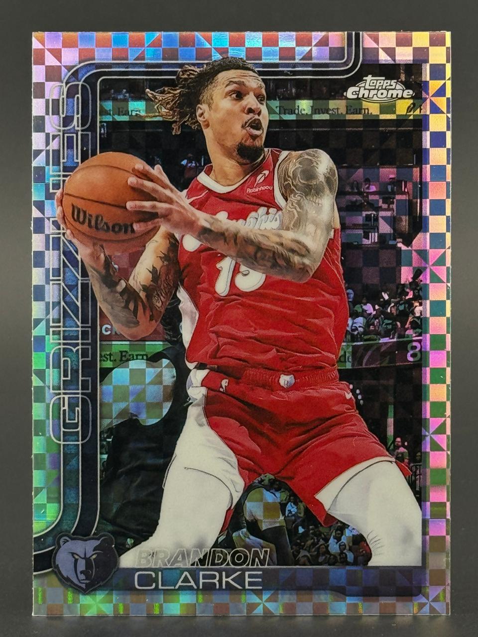 Brandon Clarke Topps Chrome basketball trading card with a refractive checkered border, holding a basketball.