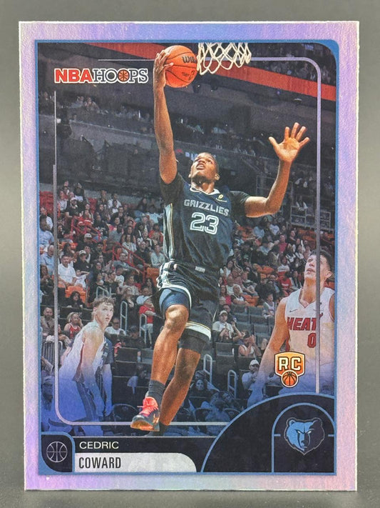 Cedric Coward trading card from NBA Hoops, showing him in a Grizzlies jersey shooting a layup.