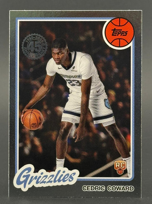 Cedric Coward Topps trading card featuring him dribbling in a Memphis Grizzlies uniform with RC logo.