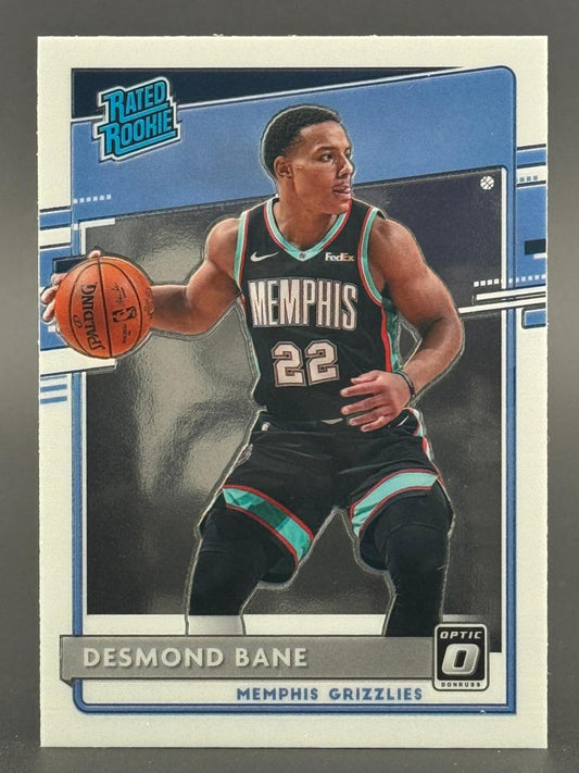 Desmond Bane 2020 Donruss Optic Rated Rookie basketball card dribbling a basketball.
