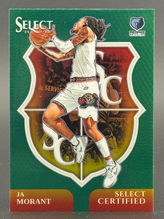 2024-25 Select Ja Morant Select Certified basketball card featuring him in a Grizzlies uniform shooting.