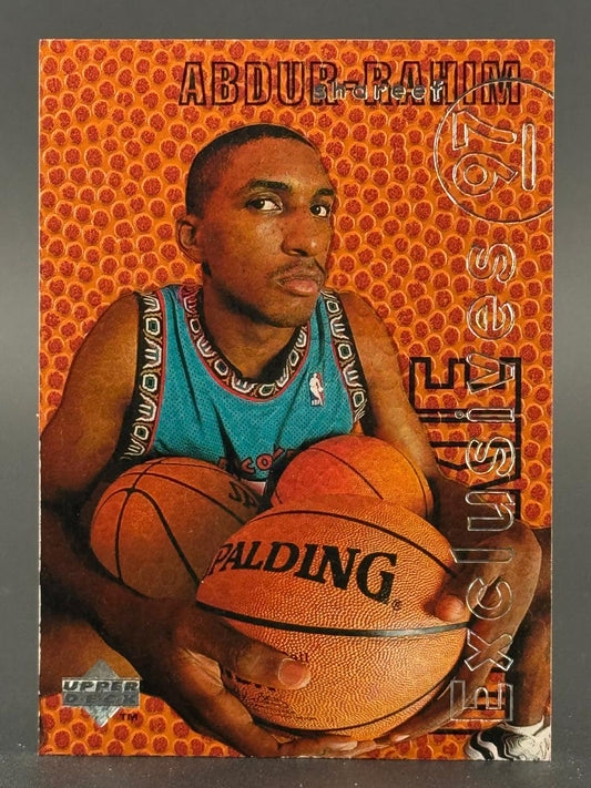 1997 Shareef Abdur-Rahim Upper Deck Exclusives basketball card showing him holding three basketballs.