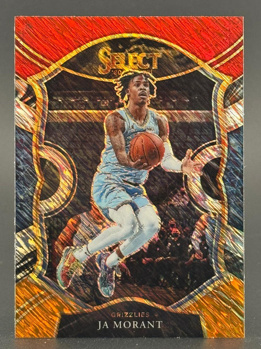 2020-21 Panini Select Ja Morant basketball card featuring him in a light blue Grizzlies uniform holding a ball.