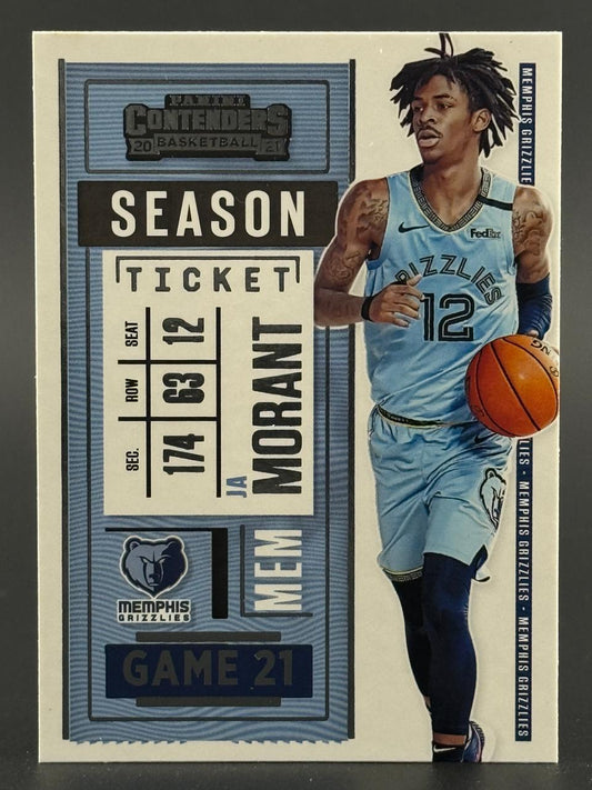 2020-21 Panini Contenders Season Ticket Ja Morant basketball card featuring the Memphis Grizzlies guard dribbling.