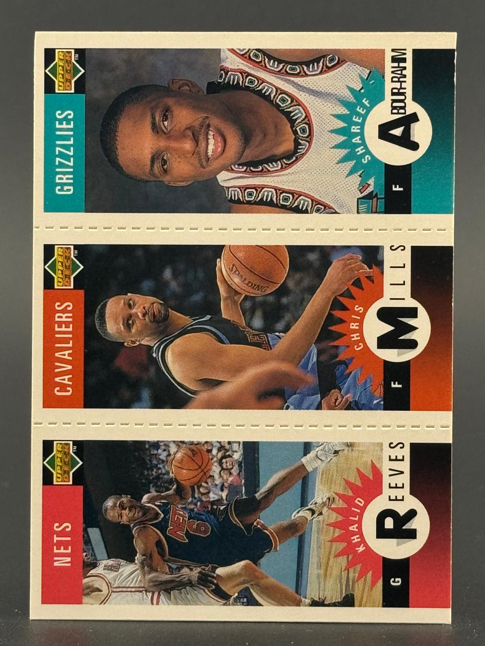 1996 Upper Deck basketball card panel featuring Shareef Abdur-Rahim, Chris Mills, and Khalid Reeves.