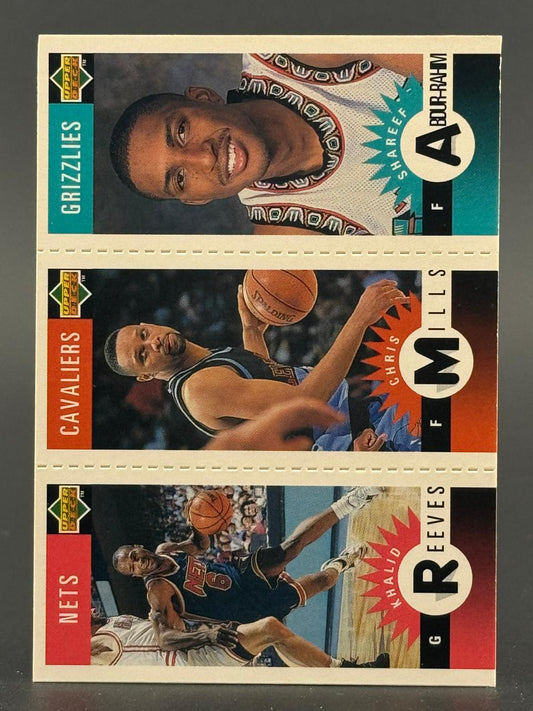 1996 Upper Deck basketball card panel featuring Shareef Abdur-Rahim, Chris Mills, and Khalid Reeves.