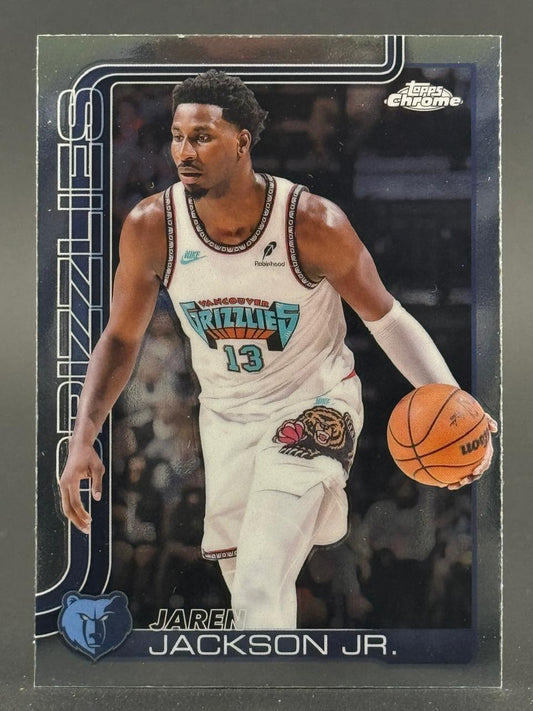 Jaren Jackson Jr. Topps Chrome basketball card, featuring him in a Vancouver Grizzlies uniform dribbling.