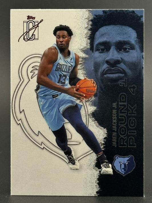 Trading card of Jaren Jackson Jr. in a Grizzlies uniform holding a basketball, with a large close-up portrait.