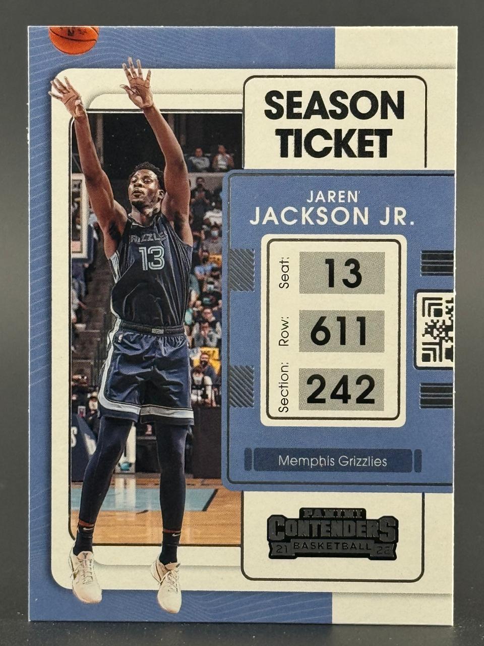 2021-22 Panini Contenders Season Ticket Jaren Jackson Jr. basketball card featuring him shooting.