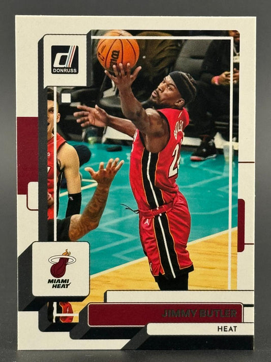 Jimmy Butler Miami Heat trading card by Donruss, showing him shooting a basketball.