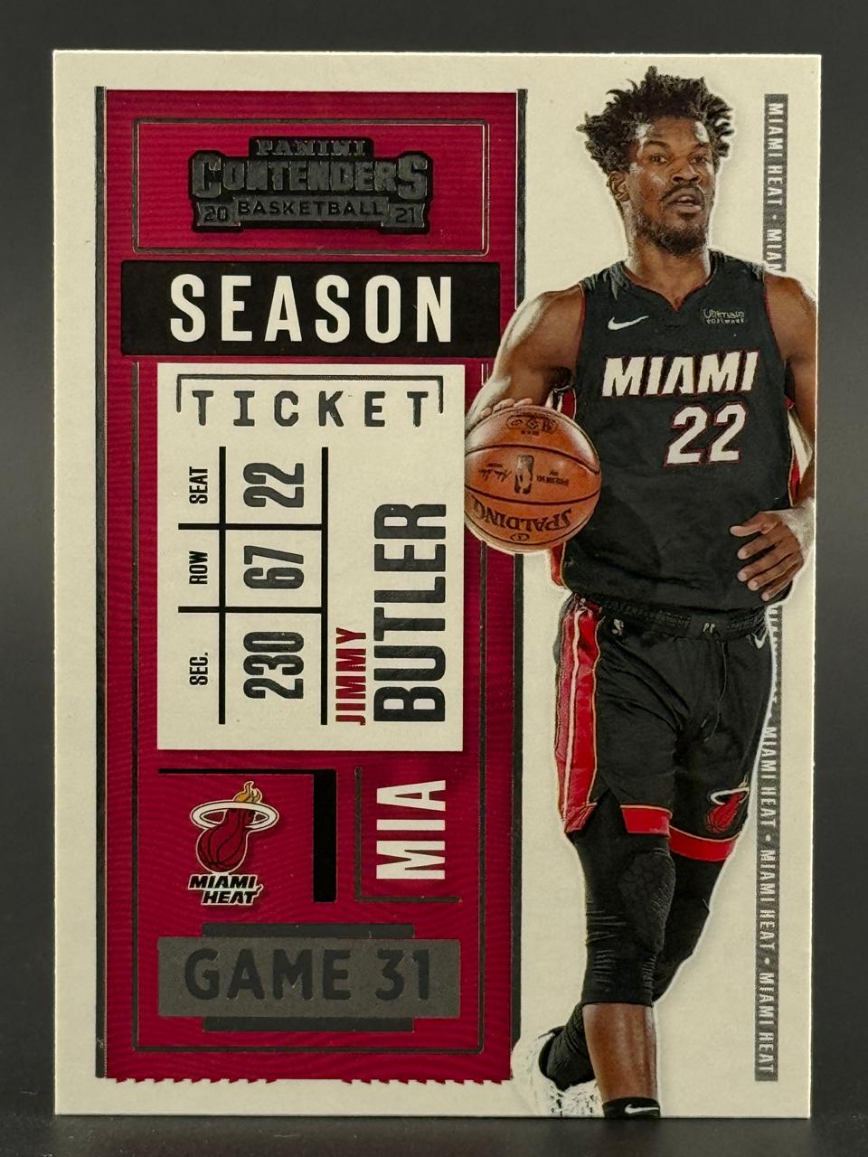 2020-21 Panini Contenders Jimmy Butler Season Ticket basketball card, #22, showing him in a Miami Heat uniform.
