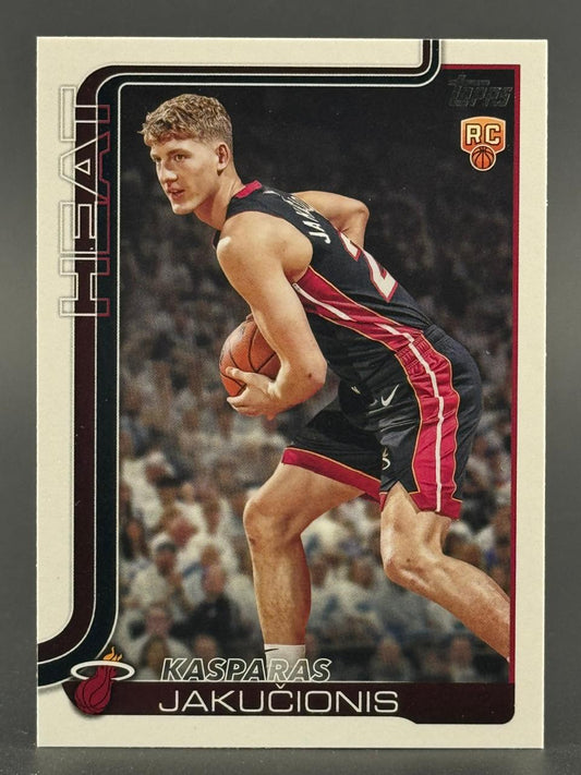 Kasparas Jakučionis basketball card featuring him in a Heat uniform with an RC rookie logo.