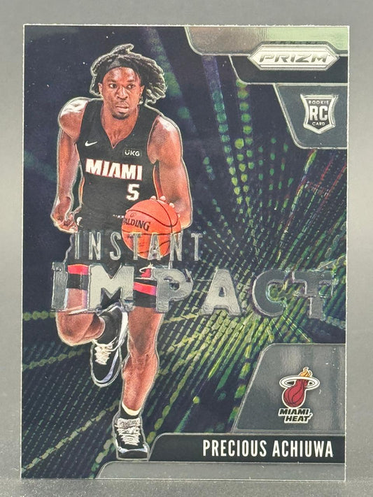 Precious Achiuwa 2020 Panini Prizm Instant Impact rookie card dribbling a basketball.