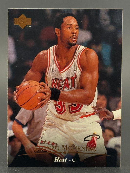 1996-97 Upper Deck Alonzo Mourning Miami Heat basketball card, #33, holding a basketball.