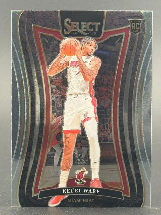 Kel'el Ware 2024-25 Select Rookie Card holding a basketball in a Miami Heat uniform.