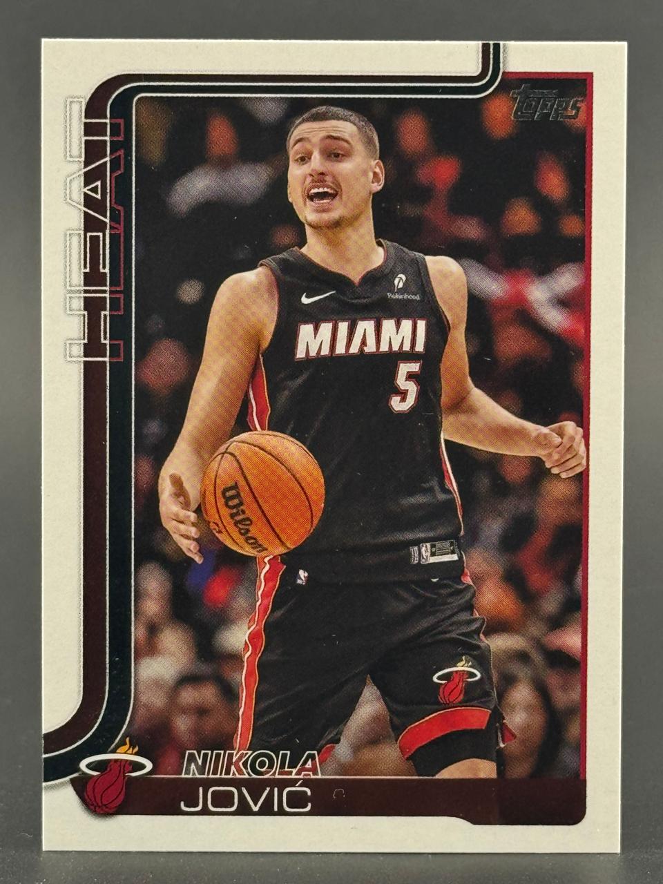 Trading card of Nikola Jović in Miami Heat uniform dribbling a basketball.