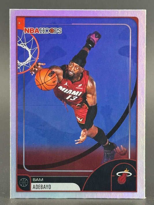 NBA Hoops trading card of Bam Adebayo in a Miami Heat uniform dunking a basketball.