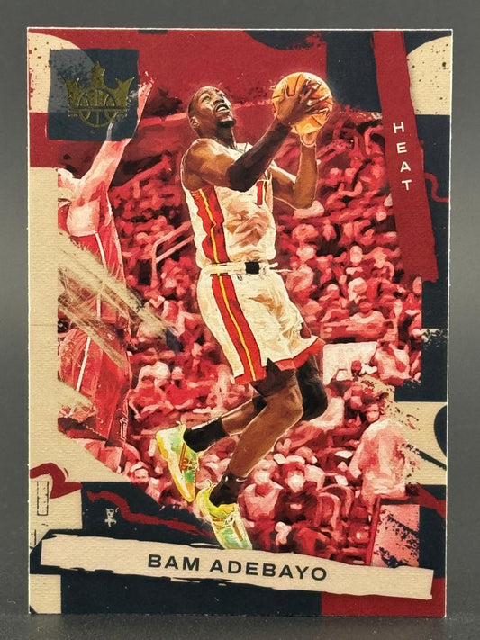 Bam Adebayo basketball trading card, showing him in a Miami Heat uniform shooting a basketball.