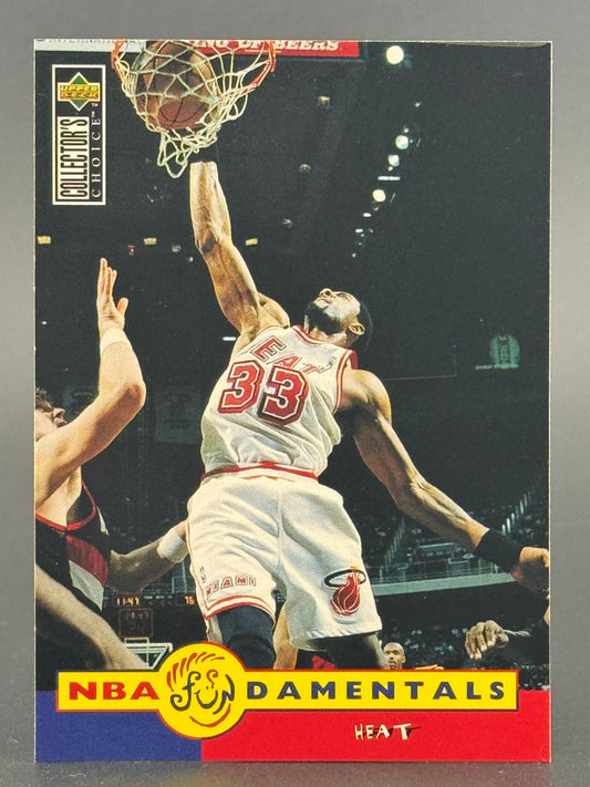 1990s Collector's Choice NBA Fundamentals basketball trading card featuring Alonzo Mourning dunking.