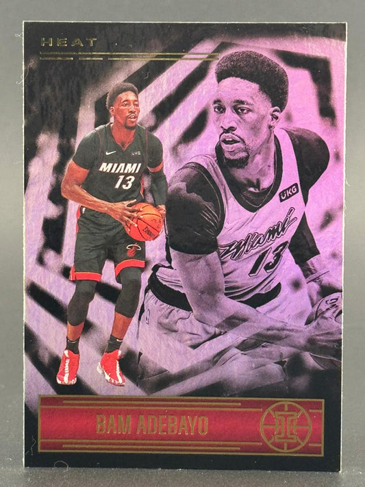 Bam Adebayo trading card featuring two images of him in a Miami Heat uniform.