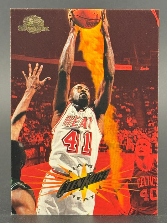 1996-97 SkyBox Glen Rice basketball card, #41, showing Rice in a Heat jersey shooting with flame graphics.