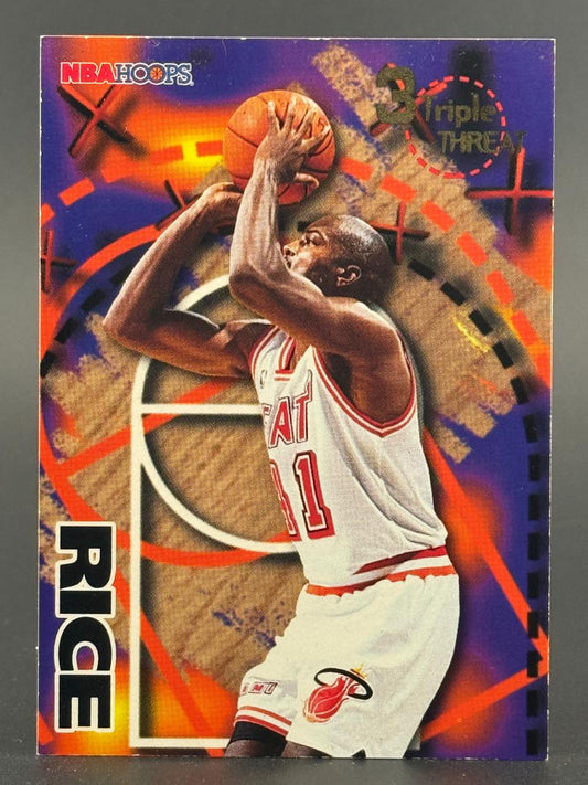 Glen Rice 1996-97 NBA Hoops Triple Threat trading card featuring Rice shooting a basketball.