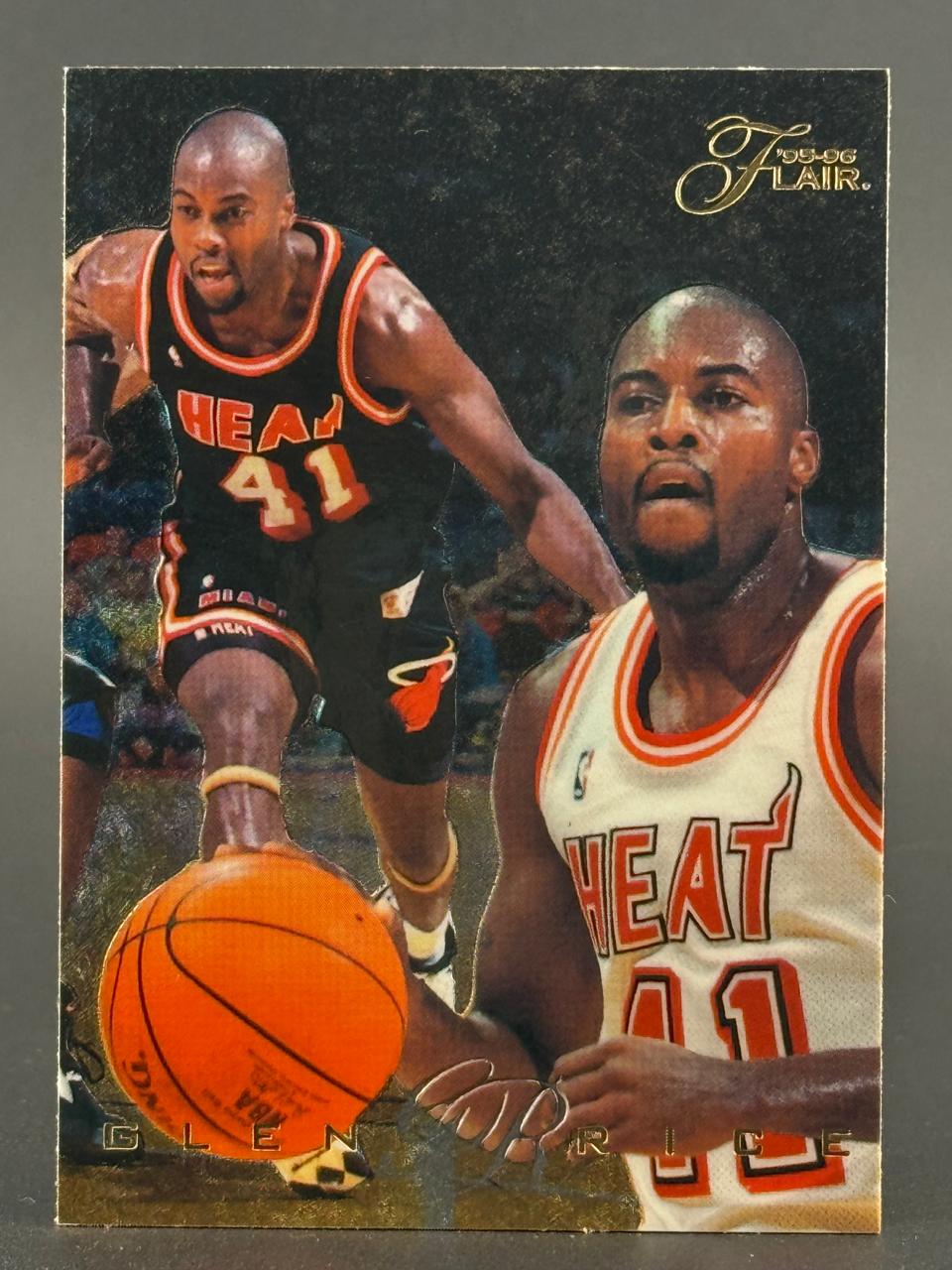 1995-96 Flair Glen Rice basketball card showing Rice in white and black Miami Heat uniforms.