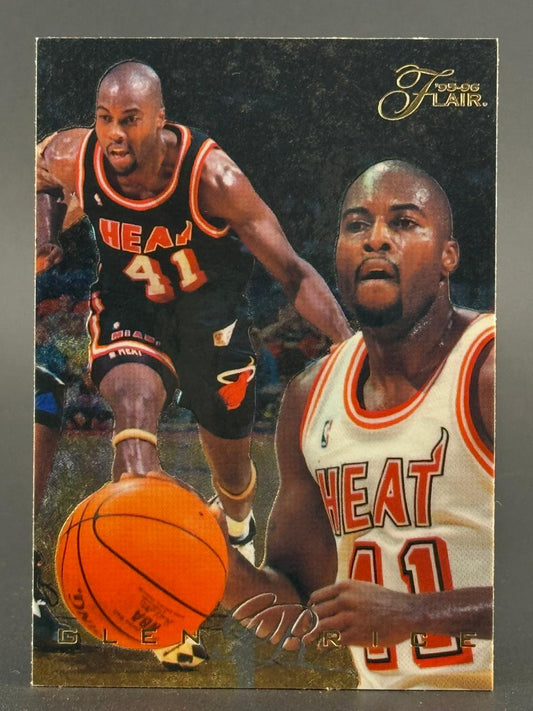 1995-96 Flair Glen Rice basketball card showing Rice in white and black Miami Heat uniforms.