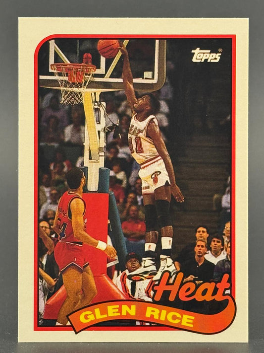 1990 Topps Glen Rice basketball card, featuring Rice dunking in a Miami Heat uniform.