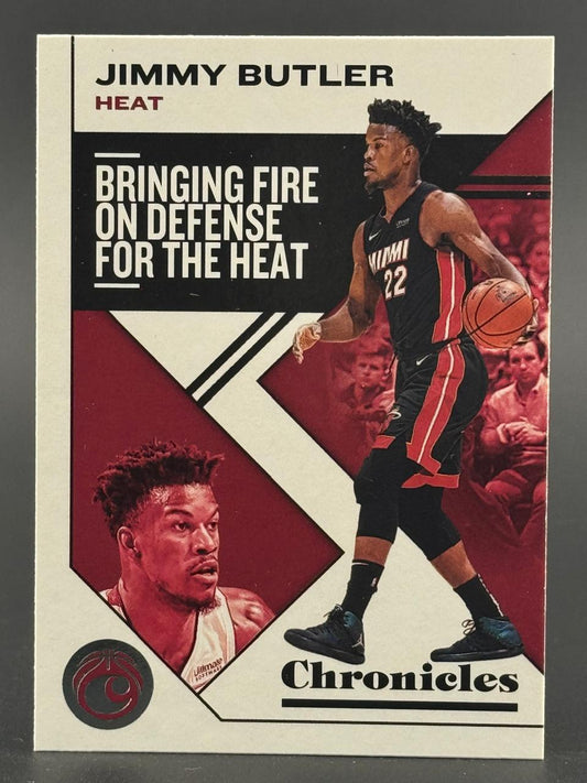 Jimmy Butler trading card featuring text "Bringing Fire on Defense for the Heat" and the Chronicles logo.