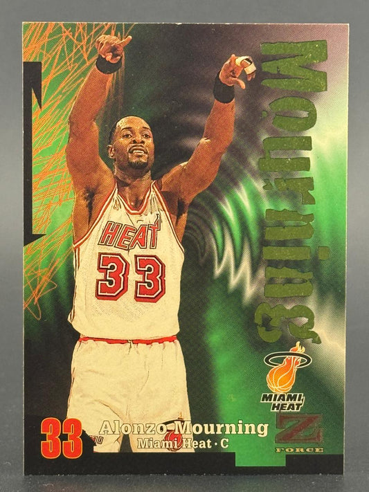 Alonzo Mourning 1996-97 Z-Force basketball card, #33, showing him in a Miami Heat uniform pointing upwards.