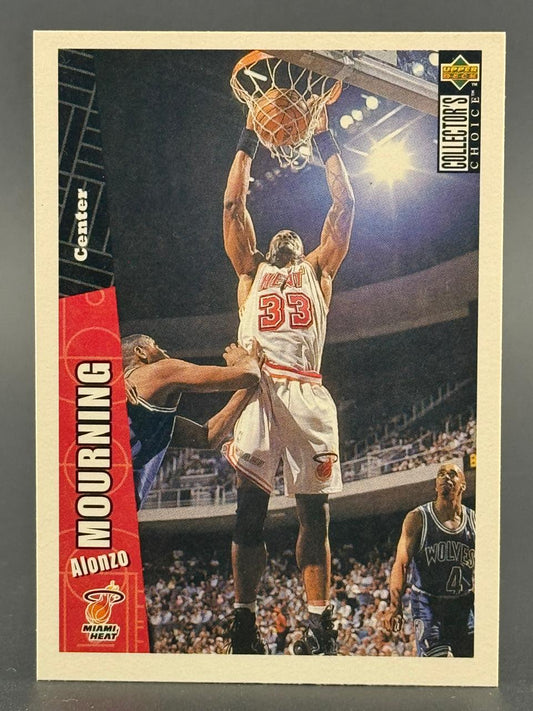 1990s Alonzo Mourning Miami Heat basketball card by Upper Deck Collector's Choice, showing him dunking.