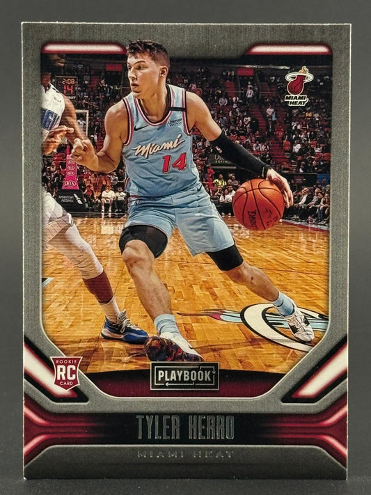 Tyler Herro 2020 Playbook RC basketball card dribbling in light blue Miami Heat uniform.