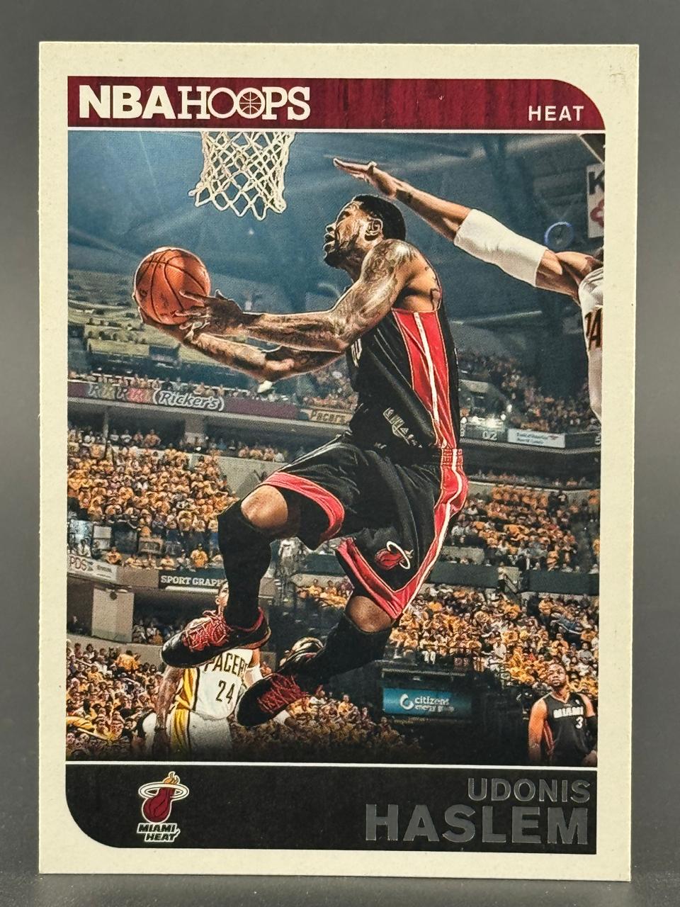 Udonis Haslem basketball card, NBA Hoops, featuring Haslem in action for the Miami Heat.