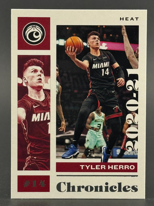 2020-21 Panini Chronicles Tyler Herro trading card #14, featuring Miami Heat player driving with a basketball.