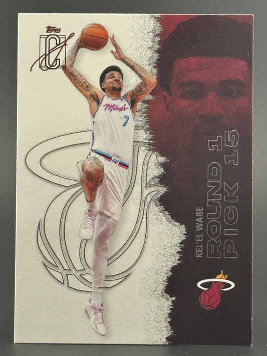 Kel'el Ware Topps basketball card showing him shooting, with "Round 1 Pick 15" and Heat logo.