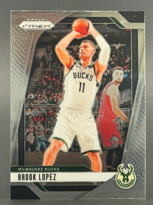Brook Lopez 2021-22 Panini Prizm basketball card holding a basketball.