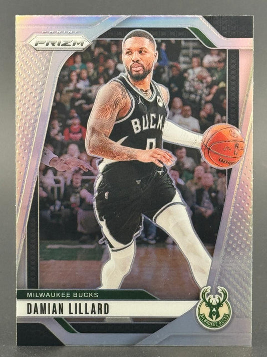 Damian Lillard 2023-24 Panini Prizm basketball card, showing him in a Bucks uniform dribbling a basketball.