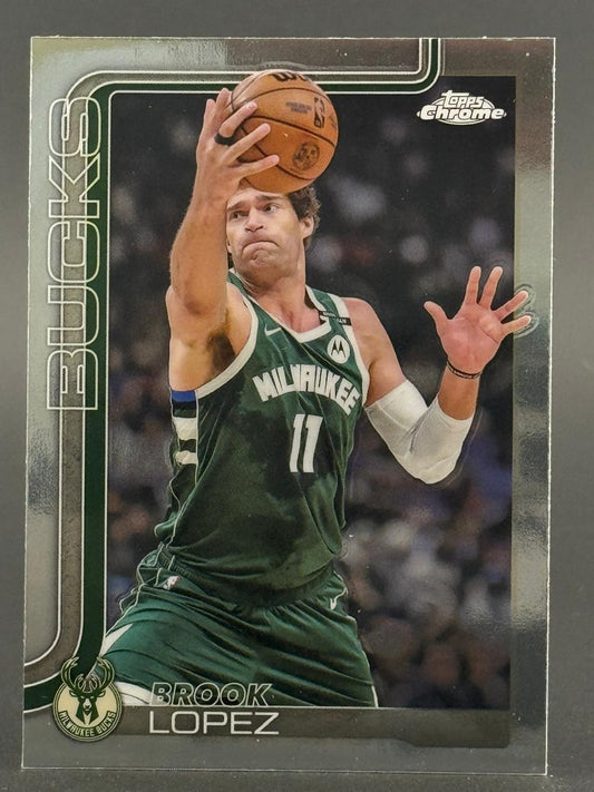 Brook Lopez Topps Chrome trading card, holding a basketball in a Bucks uniform.