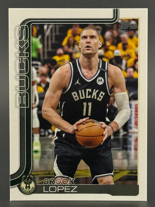 Brook Lopez 2021 Topps basketball card, Milwaukee Bucks #11 in black uniform holding basketball.